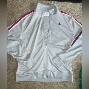 Champion Light Gray Jacket with Red and Blue Accents